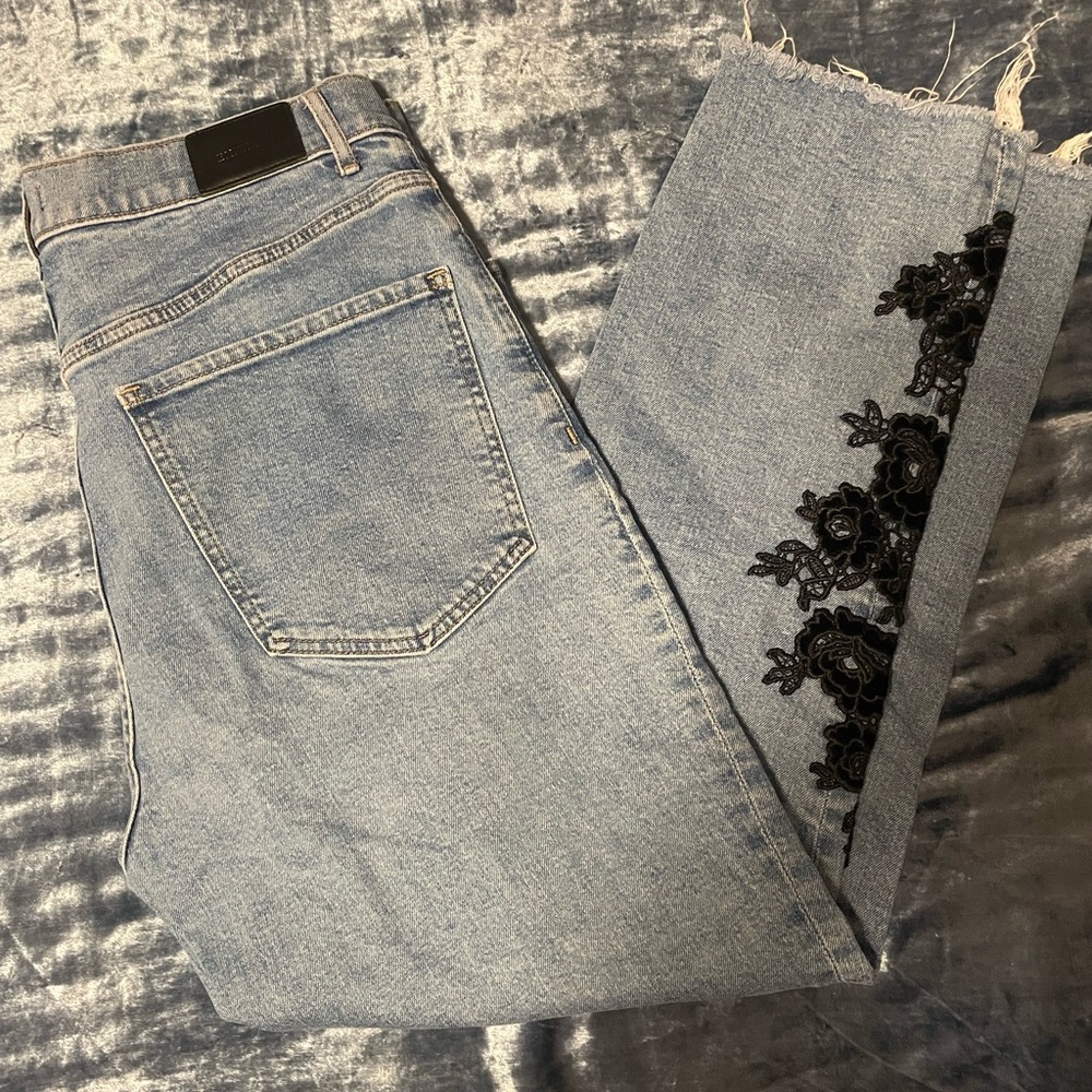 EXPRESS Slim Cut Denim Jeans with black embroidery